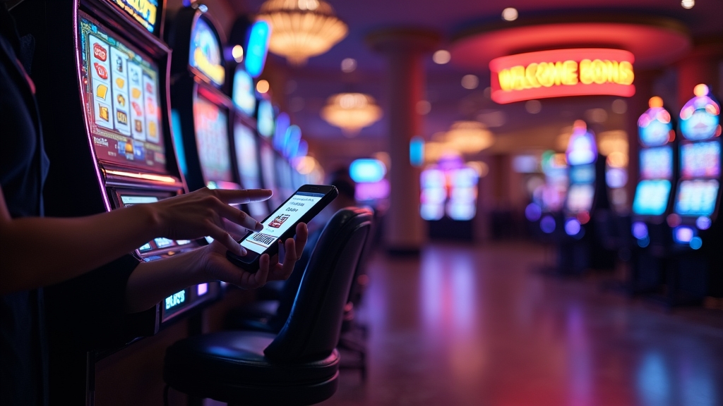 Jugador ingresando un código de bono en un casino con luces neón