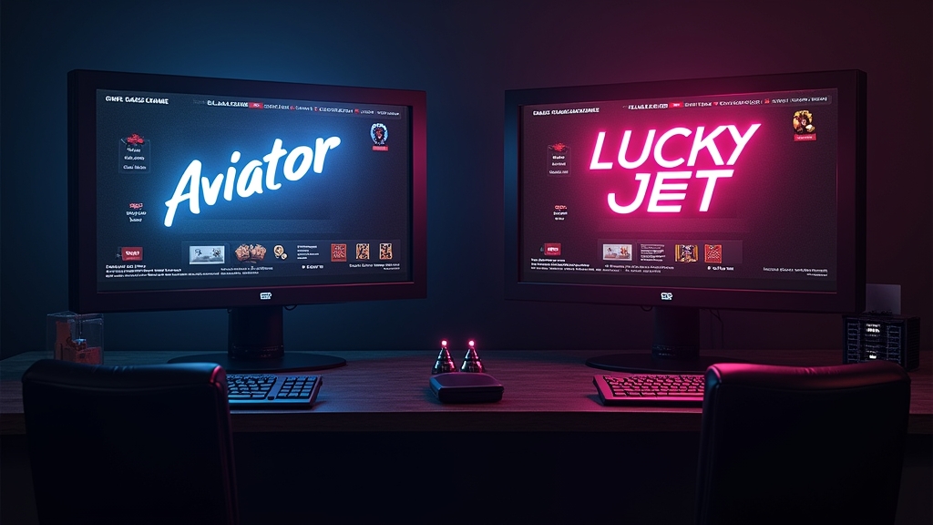 Comparación visual entre Aviator y Lucky Jet en un entorno de casino oscuro